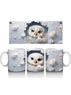 Beyaz Çiçekler Üzerinde Dikkatli Baykuş – Baskılı Kahve Kupası