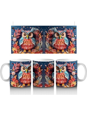 Renkli Çiçekler Arasında Ikiz Baykuşlar – Baskılı Kahve Kupası