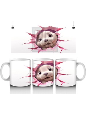 Kırık Duvar Efektli Sevimli Su Samuru Yavrusu - Baskılı Kahve Kupası