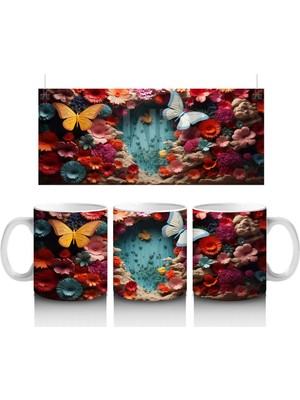 Beyaz Çiçekler ve Uçuşan Kelebekler – Baskılı Kahve Kupası