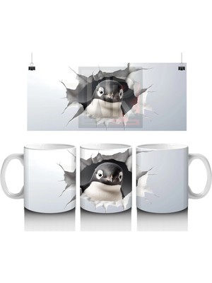 Çatlak Duvardan Bakan Meraklı Penguen – Baskılı Kahve Kupası