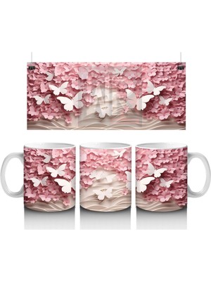 Yumuşak Pembe Yapraklar Arasında Kelebek – Baskılı Kahve Kupası