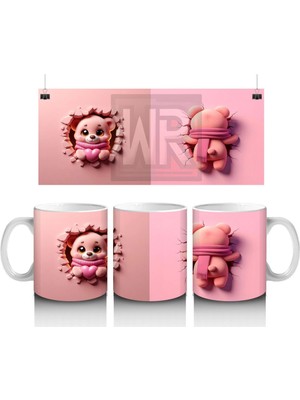 Pembe Çiçekli Çatlakta Sevimli Ayıcık ve Arka Yüzü – Baskılı Kahve Kupası