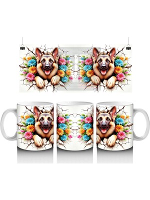 Renkli Çiçekli Çerçevede Neşeli Köpekler – Baskılı Kahve Kupası