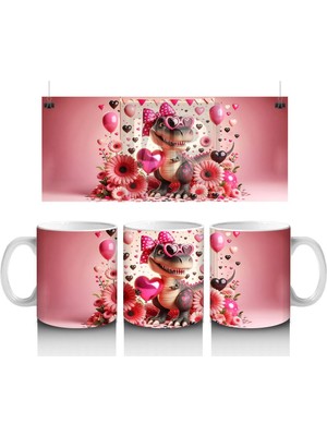 Kalpli Gözlüklü Çiçekler Arasında Dinozor Tasarımı - Baskılı Kahve Kupası