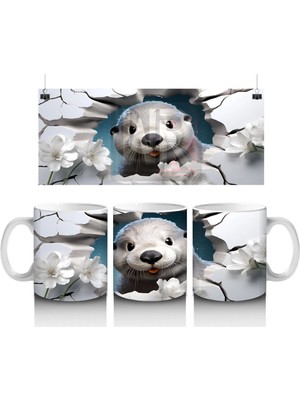 Beyaz Çiçekler Arasında Çatlak Zeminden Bakan Su Samuru - Baskılı Kahve Kupası