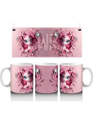 Çiçeklerle Süslenmiş Sevimli Pembe Midilli Figürü - Baskılı Kahve Kupası