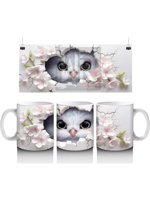 Beyaz Çiçekler Arasında Bakan Sevimli Baykuş Yüzü - Baskılı Kahve Kupası