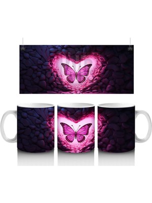 Pembe Işıklar Arasında Parlayan Kelebek – Baskılı Kahve Kupası