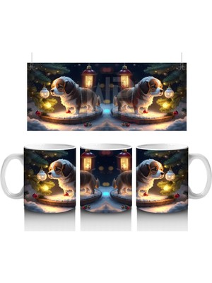 Yılbaşı Temalı Işıklarla Süslenmiş Köpekler – Baskılı Kahve Kupası
