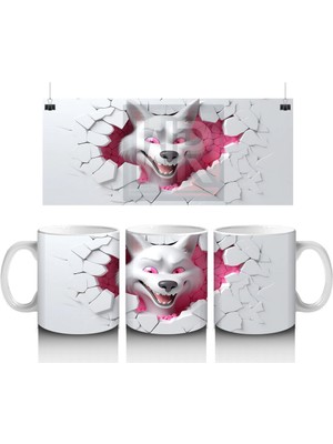 Çatlak Duvar Arasında Pembe Gözlü Kurt Figürü - Baskılı Kahve Kupası