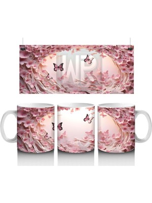 Pembe Çiçekler ve Kalpler Arasında Uçan Kelebekler – Baskılı Kahve Kupası