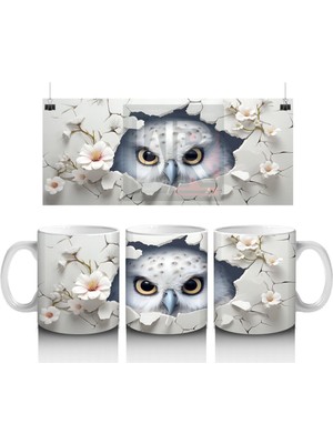 Beyaz Çiçekler Arasında Bakan Bilge Baykuş – Baskılı Kahve Kupası