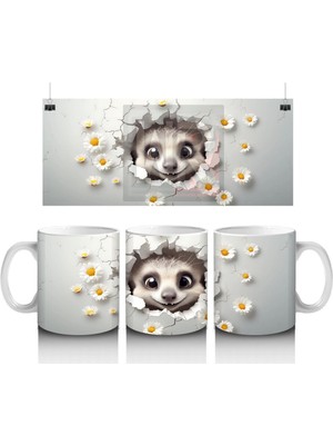 Beyaz Çiçekler Arasında Sevimli Kirpi – Baskılı Kahve Kupası