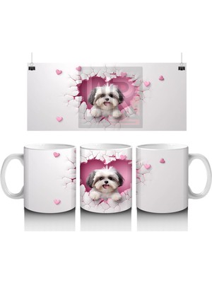 Pembe Kalplerle Süslenmiş Yavru Köpek – Baskılı Kahve Kupası