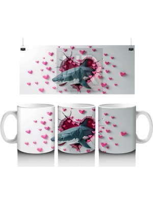 Kalplerle Süslenmiş Duvar Arasında Mavi Köpekbalığı - Baskılı Kahve Kupası