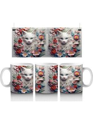 Çiçekler ve Yapraklarla Çevrili Kedi Ikilisi – Baskılı Kahve Kupası