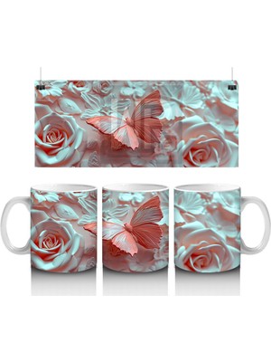 Açık Mavi Gül Yaprakları Üzerinde Narin Kelebek - Baskılı Kahve Kupası
