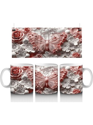 Krem ve Gül Tonlarında Çiçekler Üzerinde Şeffaf Kelebek - Baskılı Kahve Kupası