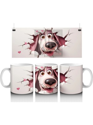 Pembe Kalplerle Çevrili Gülümseyen Karikatür Köpek - Baskılı Kahve Kupası