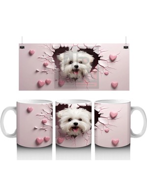 Pembe Kalpli Çatlak Duvar Arasından Bakan Beyaz Pofuduk Köpek Kupa