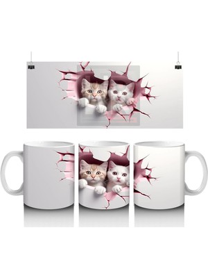 Pembe Çatlak Duvar Arasından Bakan Iki Yavru Kedi - Baskılı Kahve Kupası