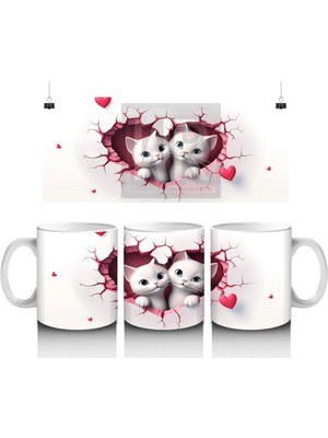 Pembe Kalplerle Süslenmiş Iki Beyaz Kedi - Baskılı Kahve Kupası