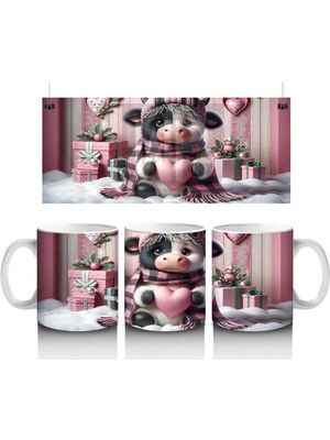 Hediye Kutuları Arasında Oturan Kalpli Figür Tutan Inek - Baskılı Kahve Kupası