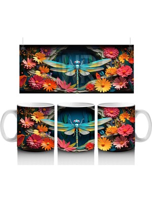 Renkli Çiçekler Arasında Yeşil Yusufçuk – Baskılı Kupa