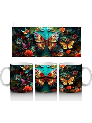 Renkli Çiçekler Arasında Parlayan Turuncu Kelebek – Baskılı Kahve Kupası