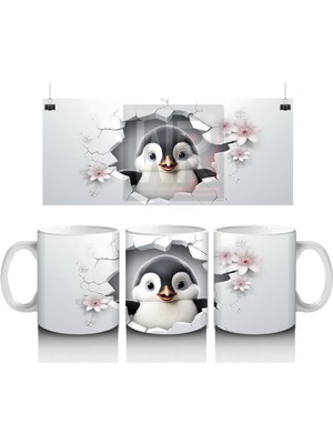 Kiraz Çiçekli Zemin Üzerine Penguen Figürü – Baskılı Kupa