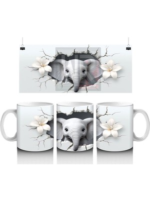 Beyaz Çiçekler Arasında Sevimli Fil – Baskılı Kupa