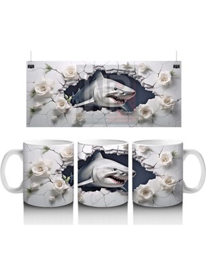 Beyaz Çiçekler Arasında Karanlık Gözlü Köpek Balığı – Baskılı Kahve Kupası