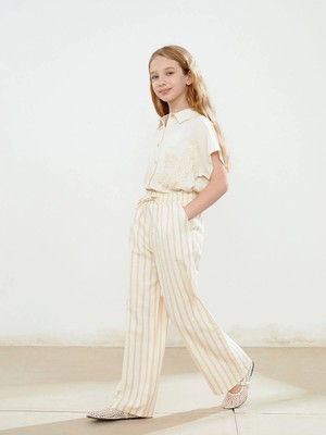 Lcw Kids Bej Beli Lastikli Çizgili Kız Çocuk Pantolon