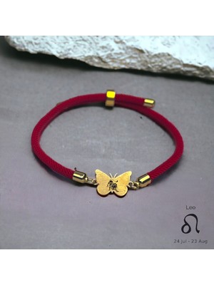 Altın Plakalı 14 Ayar Aslan Burçlarına Kırmızı Örgü Ipli Kelebek Motifli Hediye BILEKLIK-368BURÇ