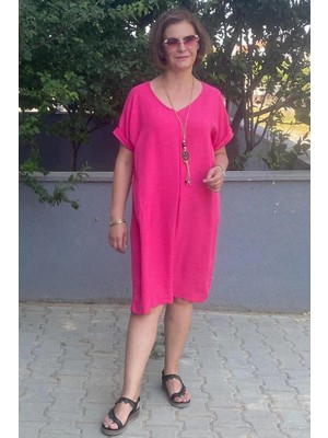 Büyük Beden Fuşya Kolye Hediyeli Salaş Elbise