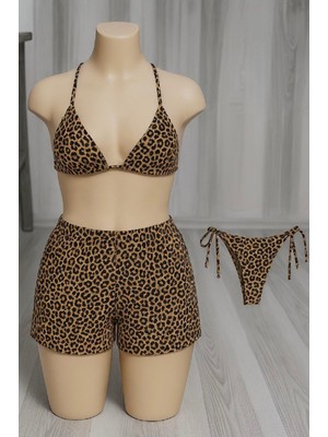 ALFA AKSESUAR 03 Kadın 3'lü Set Leopar Desenli Şortlu ve Yandan Bağlamalı Bikini Mayo Takımı