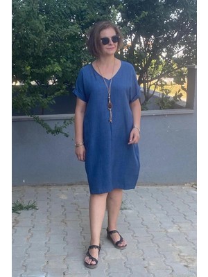 Büyük Beden Lacivert Kolye Hediyeli Salaş Elbise