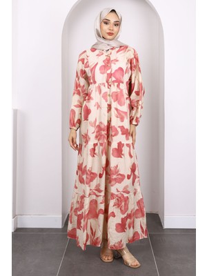 Pudra Yarım Düğmeli Eteği Katlı Desenli Elbise