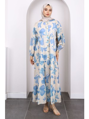 Indigo Yarım Düğmeli Eteği Katlı Desenli Elbise