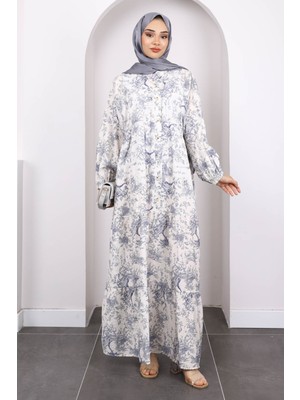 Lacivert Yarım Düğmeli Eteği Katlı Desenli Elbise