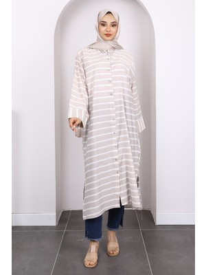 Bej Yarasa Kol Çizgili Modal Tunik