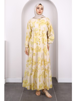 Sarı Yarım Düğmeli Eteği Katlı Desenli Elbise