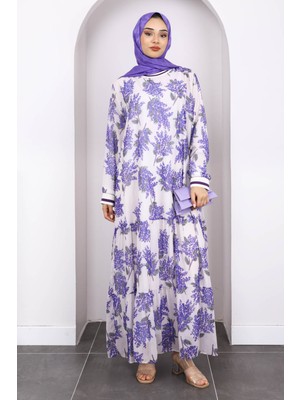 Mor Desenli Şifon Elbise