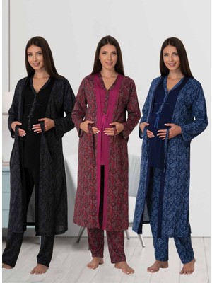 Dvina Effortt Lohusa Desenli Sabahlıklı Pijama Takımı Siyah - 8054