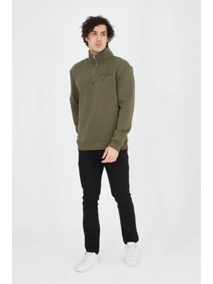 Erkek Yarım Fermuarlı Baskılı Sweat - Yeşil
