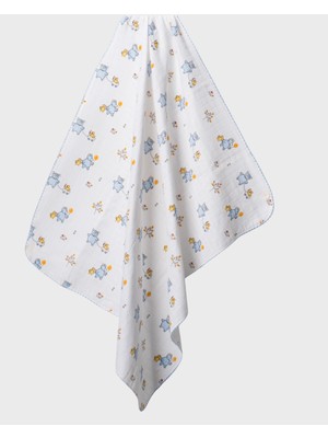 Müslin Mavi Fil ve Çiçek Desenli Bebek Battaniyesi - Kumaş