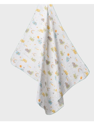 Müslin Renkli Fil Desenli Bebek Battaniyesi - Gökkuşağı Detaylı - Mint Yeşil Biyeli Muslin Kumaş