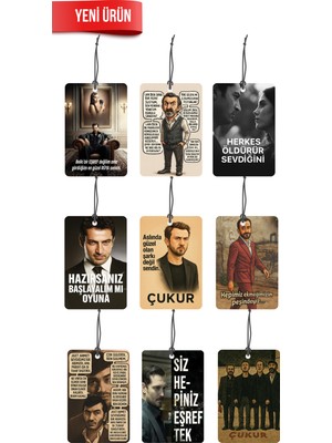 9 Adet Çukur,eşref ve Ezel Dizi Replikleri Görselli Hediyelik Oto Kokusu ve Aksesuari