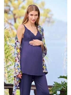Monamise Desenli ve Dantelli Hamile Lohusa 3'lü Pijama Takımı